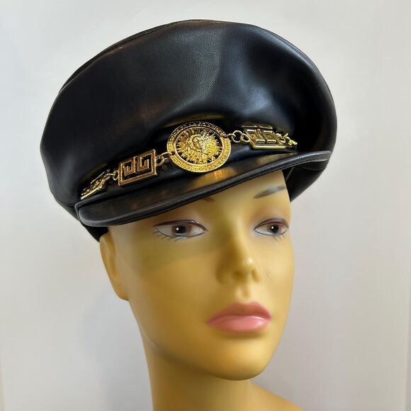 Vintage 80s KOKIN Faux Leather Moto Biker Newsboy Cabbie Hat Gold Sunburst - Picture 1 of 9